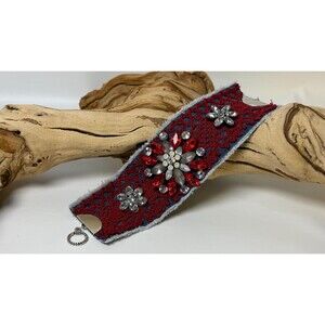 Upcycled Denim Cuff Bracelet Red Lace Rhinestone Handmade Recycled Jean Jewelry
